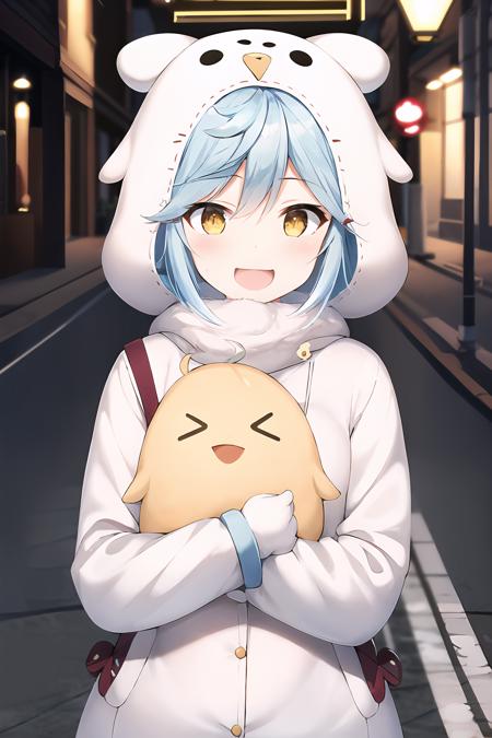 ((beautiful, masterpiece)), best quality, perfect lighting, 4k, 1girl, solo, fubukiAL, <lora:FubukiV2-09:1>, white scarf, animal costume, red mittens, open mouth, embarrassed, smile, furrowed brow, street, day, chicken, holding, holding chicken