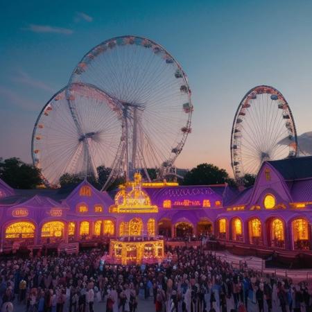 giant amusement park, colorful,