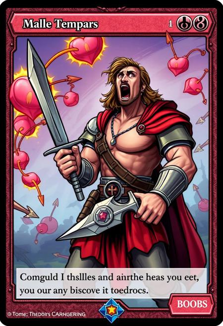 "Magic The Gathering style card art titled 'Boobs', featuring a shocked male templar character holding a breast-shaped sword. 
Cartoonish bombs with nipples rolling towards him, breast-shaped arrows falling from sky. Comic fantasy style, vibrant colors, intricate details, isometric perspective like MTG cards, "comic book shading""
playingcard tcg mtg  . I