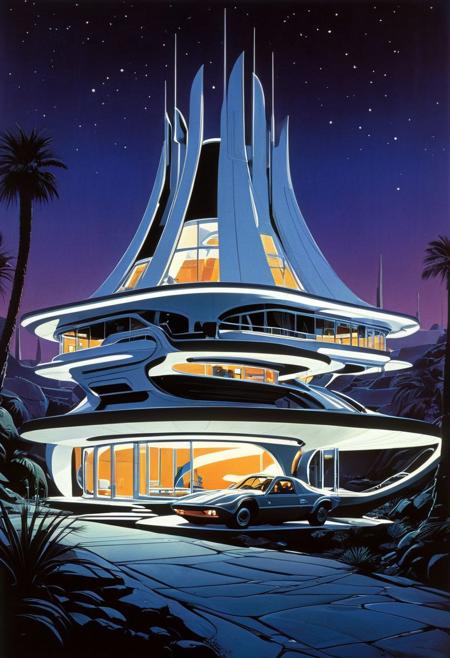 Persian house by Syd Mead and Hariton Pushwagner,biomorphic forms,masterful,beautiful,poster art,bold lines,hyper detailed,expressive,award winning,movie still,intricate details,masterpiece,best quality,
dynamic pose,wide angle view,
in the style of nicola samori,Futuristic,sci-fi,masterpiece,full of imagination,
<lora:DuneXL:1>,Dune movie style,futuristic architecture,