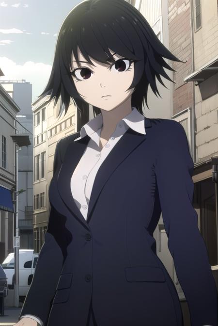 izumi shimomura, short hair, black hair, (black eyes:1.5), shirt, jacket, pants, formal, suit,