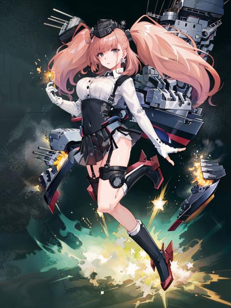 atlanta \(kancolle\), 1girl, partially fingerless gloves, skirt, hat, solo, gloves, garrison cap, jewelry, breasts, earrings, anchor hair ornament, suspenders, suspender skirt, star \(symbol\), star earrings, shirt, large breasts, high-waist skirt, long sleeves, black skirt, white shirt, rudder footwear, boots, black headwear, dress shirt, garter straps, thigh strap, white background, black footwear, single earring, simple background, full body, original, intricate detail, illustration, masterpiece, extremely detailed CG unity 8k wallpaper, highlight, sharpening, dynamic, <lora:Atlanta-2:0.8>