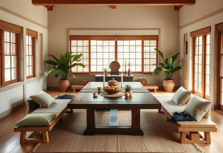 "A tranquil ritual room blending Japandi + Tropical styles with light wood and earth tones as the primary palette. At its center is a traditional dark wood dining table for 8-12, placed behind a rich wood altar adorned with handcrafted incense holders, candles, and fresh offerings, reflecting Japandi's spiritual minimalism.
The walls, painted soft beige with light grey accents, create a serene atmosphere. Lush green plants in terracotta pots add tropical vibrancy near the altar. Large windows, framed with bamboo blinds, allow natural light to diffuse gently, enhancing the open, airy feeling central to Japandi design.
Seating around the table includes light wood benches with cushions in soft green and beige, adding warmth and comfort. A woven rug in muted earth tones grounds the space, maintaining Japandi’s balance of simplicity and functionality while introducing the natural richness of Tropical decor.
Navy blue textiles as subtle accents—such as table runners—add depth, while woven baskets and ceramics enhance the natural materials throughout, bringing together the organic warmth of Tropical and the minimalist elegance of Japandi in a cohesive, harmonious design."