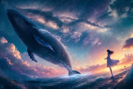 xuer Big whale, 1girl, whale, sky, long hair, star \(sky\), solo, dress, standing, starry sky, cloud, scenery, oversized animal, blue theme, night, outdoors, light particles, night sky, wide shot
<lora:~Q?-| xuer Big whale:0.8>