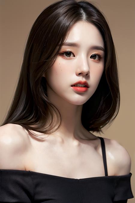 Best quality, masterpiece, ultra high res, (photorealistic:1.4), raw photo,1girl, solo, realistic, lips, black hair, looking at viewer, black eyes, teeth, long hair, hair over one eye, parted lips, nose, close-up, brown hair, simple background, brown eyes, black dress, off shoulder