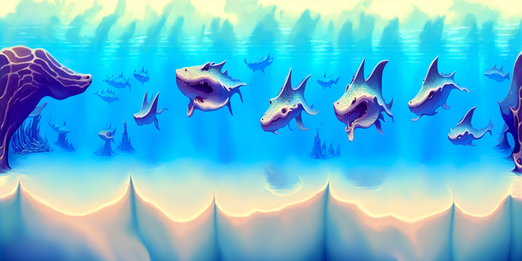 a digital illustration of an underwater scene, very detailed, realistic, prehistoric sea, qxj <lora:360Diffusion_v1:1>