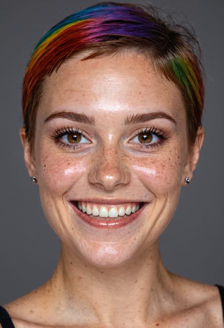 00078-beautiful lady, (freckles), big smile, brown hazel eyes, Short hair, rainbow color hair, dark makeup, hyperdetailed photography,.png