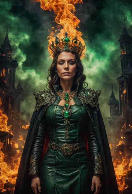 ((Full-length photograph / whole body photograph of the (evil sorceress) wearing black leather robes with (a necklace of skulls) and a (crown of fire)  , standing in a poisonous faint green fog, with an (obsidian tower) behind it)), 
:BREAK:
((Perfect photograph, strong fisheye-lens photograph (intense fisheye-view photograph), strong bokeh, cinematic photograph, experimental low angles, cinematic heaven, warm angelic lighting, intricately detailed, very detailed background, realisticvision-negative-embedding, epiCRealism ))