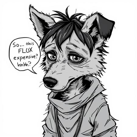 furry art, linework, grey tones.
a skinny grey furred dog with black ears, black messy hair, tired greyed out eyes, and tattered clothes with a speech bubble pointing to them saying "So... this FLUX thing is expensive, huh?"