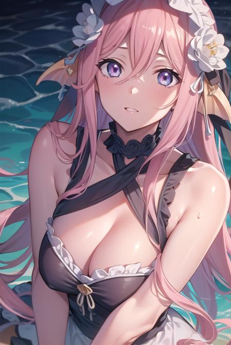 lorelei meroune, blue eyes, drill hair, fins, hair between eyes, head fins, long hair, mermaid, monster girl, pink hair, pointy ears, maid, maid headdress, official alternate costume, scales, webbed hands,