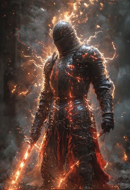 A man wearing medieval armor.,He uses magic to give his sword thunder magic,There are some small thunder and lightning in the surrounding air and distorts part of the picture,<lora:çº¿ç¨¿å¤§å¸å å¼ºç_v1.0:0.5>,<lora:é·åç´ -ç¹æ [SDXLç½æ£±Lora]_v1.0>,<lora:Soul_Knight_SDXL_-_By_HailoKnight:0.5>,<lora:XL_Weapon_Dual_Swords_-_By_HailoKnight:0.7>,mid_shot,(depth of field:1.2),(dynamic_angle:0.8),(cinematic_angle:0.8),Steam rises from the armor,white lightning,soft focus,soul leaving the body,red fire,