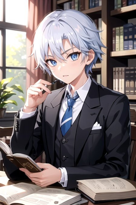 <lora:LassIsolet-03:0.7> ,lassgc, solo, short hair, blue eyes, shirt, long sleeves, 1boy, holding, hair between eyes, jacket, white shirt, upper body, white hair, grey hair, male focus, necktie, glasses, collared shirt, indoors, blurry, black jacket, book, blurry background, formal, holding book, blue necktie, open book, bookshelf, library