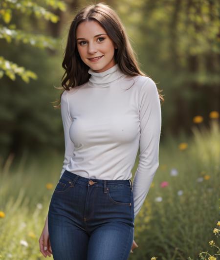 r1l33, nature, outdoor, Flowery meadow, Ultra-HD-details, breast, detailed eyes, smile, (upper body), Against the light, seductive pose, (Turtleneck, jeans)