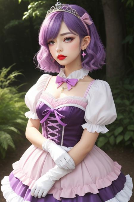 1girl, zadrisdm, pointed ears, yellow eyes, grey skin, short hair, dark purple hair, masterpiece, best quality, absurdres, gradient hair, multicolored hair, colored tips, medium breasts,
(pastel theme) magical girl, (pastel purple), bustier, magical girl dress, madoka dress, pastel colors, kawaii, frilled skirt, petticoat, thighhighs, puffy dress, puffy short sleeves, gloves, tiara hairband, gem brooch, bow, ribbons, lace trim, frills, frilled fabric, sparkles, glitter, heart earrings, heart accessories, jewelry, frilled boots,
lipstick, pink lips, long eyelashes, pink eyeshadow, light blush, makeup,  
outdoors, nature, clouds,
solo, cowboy shot, looking to the side, half-closed eyes, pouty lips, pout, :T, crossed arms, annoyed, eye twitch