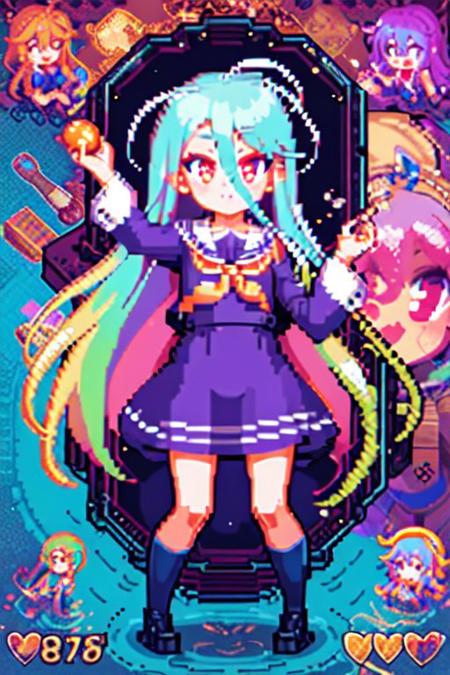 masterpiece, best quality,  (little girl:1.2) , (aged down:1.2),  school uniform , Pixel art
very long hair,blue hair, multicolored hair,  hair between eyes,