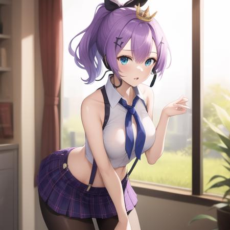 (masterpiece, best quality:1.2),illustration,8k,hd,1girl,solo,breasts,purple_hair,hair_ornament,ponytail,hair_ribbon,bangs,crown,green_eyes,mini_crown,hair_between_eyes,blue_eyes,midriff,plaid,plaid_skirt,purple_skirt,bare_shoulders,bow,idol,navel,pleated_skirt,shirt,hair_bow,headset,sleeveless,star_hair_ornament,black_pantyhose,suspenders,<lora:Javelin-Idol>,