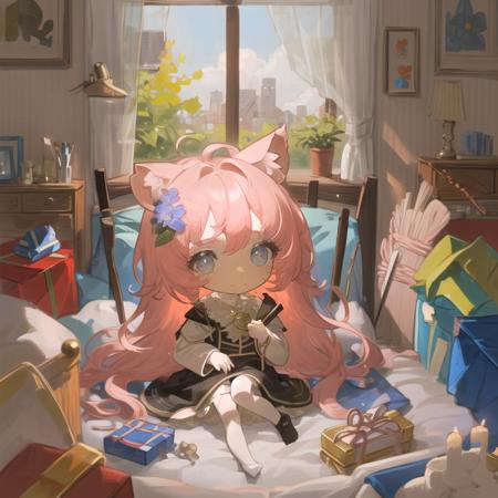 8k，{{ultra-detailed}}, {{illustration}}, (beautiful detailed eyes), beautiful, amazing, detailed eyes, (((masterpiece))),1girl,upper body,dynamic pose, chibi,stuffed toy, pink hair, balloon, window, long hair, stuffed animal, solo, indoors, curtains, pillow, smile, gift, food, flower, animal ears, bed, box, teddy bear, blue eyes, sitting, dress, string of flags, bird, gift box, short sleeves, on bed, cat ears