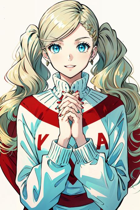 <lora:takamaki_anne-07:1>takamaki anne(persona 5), solo, flower, earrings, own hands together, blue eyes, sweater, sleeves past wrists, hair ornament, nail polish, red sweater, smile, blue eyes, blonde hair, upper body, 1girl, parted lips, aqua nails, twintails, hairclip, long hair, long sleeves, looking at viewer