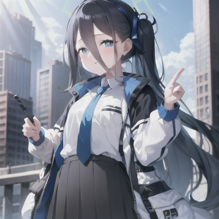 masterpiece, best quality, highres, 1girl, arisu, jacket, white shirt, hairband, necktie, collared shirt, black skirt, halo, blue necktie, <lora:blue_archive_arisu-v1:0.8>