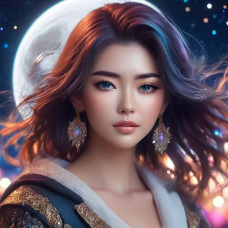  anime style, woman, moon, film, bokeh, professional, 4k, highly detailed, colorful, (((perfect face)))