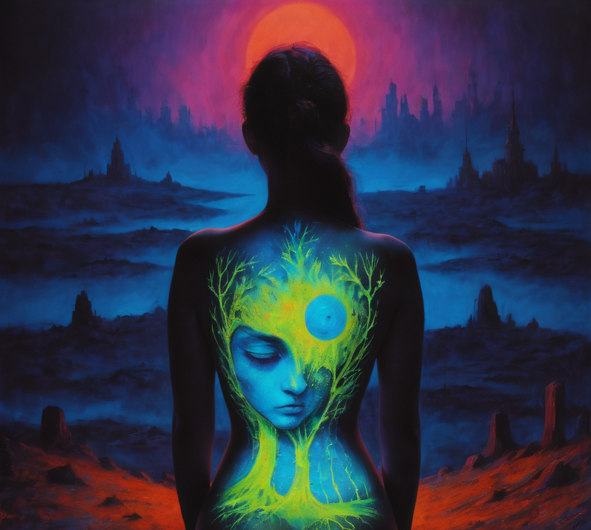blacklight uv painted on the back of a girl depicting art in the style of Zdzislaw Beksinski 