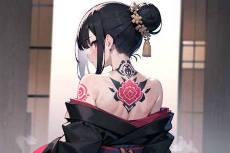 masterpiece, best quality, 1girl, arm_tattoo, back_tattoo, bare_shoulders, black_hair, black_kimono, breasts, hair_bun, japanese_clothes, kimono, off_shoulder, shoulder_tattoo, solo, tattoo, upper_body,