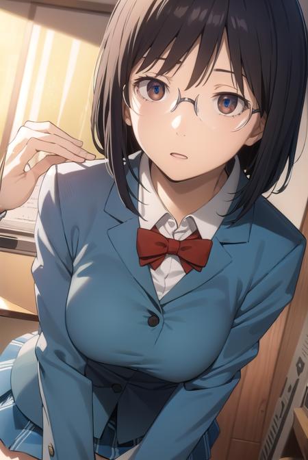 anrisonohara, <lora:anri sonohara s1-lora-nochekaiser:1>,
anri sonohara, short hair, black hair, (brown eyes:1.3), glasses, bob cut,
BREAK skirt, school uniform, shirt, white shirt, collared shirt, blazer, blue blazer, bow, red bow, blue skirt,
BREAK indoors, classroom,
BREAK looking at viewer, (cowboy shot:1.5),
BREAK <lyco:GoodHands-beta2:1>, (masterpiece:1.2), best quality, high resolution, unity 8k wallpaper, (illustration:0.8), (beautiful detailed eyes:1.6), extremely detailed face, perfect lighting, extremely detailed CG, (perfect hands, perfect anatomy),