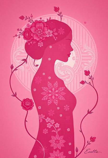 (masterpiece), (high quality), (ultra-detailed), serene pink silhouette, (embodying the gentle strength of breast cancer awareness), (delicate layered textures), intricate patterns and symbolic elements, flowers, vines, flowing shapes, (influences of Gustav Klimt's organic motifs), (playful and colorful touches inspired by Takashi Murakami), bold expressive colors reminiscent of Frida Kahlo, multi-dimensional effect, (subtle gradients and shimmering highlights), solid pink background, (soft warm ethereal glow), (harmonious and uplifting atmosphere), calm and strong mood, semi-abstract style, artistic textures, layered details