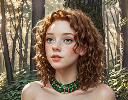 <lora:1696476661800668403:0.35>  <lora:AAAA_LoconTest:0.75>  ,closeup macro portrait , ,, ,[highest quality, oil painting, [enchanted forest, by Maxfield Parrish], [by Gustav Klimt], [[by Edgar Degas]] , medium close-up view from below (alluring fairy queen) [ :[dappled sunlight], (sparkling), [dewy], (seductive) parted lips, with (curly auburn hair), (intense emerald eyes), mascara, rosy cheeks, lip stain, collar necklace, bracelets, freckles on shoulders, (small breasts) , catchlight, awestruck, impasto technique, warm color palette:2] [[:((by Rembrandt)):5]:((by Mary Cassatt)):18]], , , ,