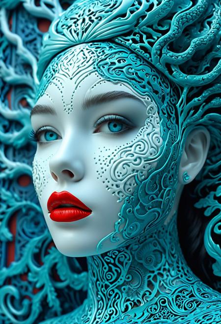 A female character features a porcelain face and red lips, set against the backdrop of a hyper-realistic sci-fi style. The composition is dominated by turquoise and blue hues, with intricate patterns and details to highlight the epic fantasy scenes. Capture the essence of hyper-realistic portraits, while emphasizing contrasting shadows for a dramatic effect. Incorporate junglecore elements to heighten the overall atmosphere of the piece.