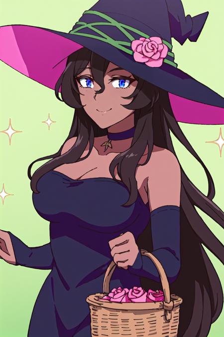 viola, 1girl, solo, black hair, long hair, blue eyes, dark skin, witch, witch hat, rose background, choker, large breast, cleavage, basket, looking at viewer, black dress, bare shoulders, bridal gauntlets, hat flower, pink rose, hair between eyes, sparkle, smile
high quality, best quality, ultra detailed, masterpiece, medium breast, <lora:EMS-53119-EMS:0.800000>