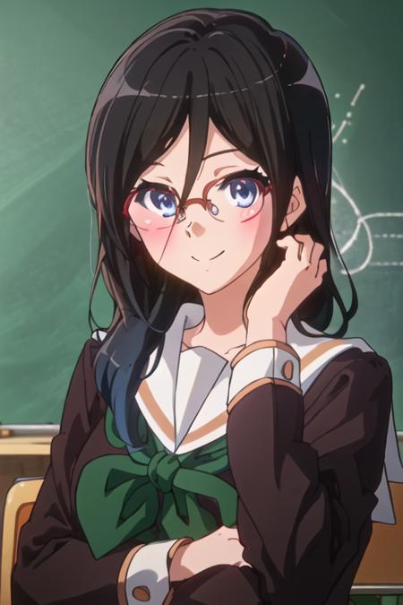 best quality, masterpiece, highres, solo, {tanaka_asuka_soundeuphonium:1.15}, black_hair, long_hair, glasses, blue_eyes, blush, red-framed_eyewear, serafuku, over-rim_eyewear, semi-rimless_eyewear, closed_mouth, hair_between_eyes, brown_shirt, green_neckerchief, hand_on_own_face, kitauji_high_school_uniform, long_sleeves, looking_at_viewer, multiple_girls, neckerchief, sailor_collar, school_uniform, shirt, smile, white_sailor_collar, 3girls, solo_focus, chalkboard, food, indoors