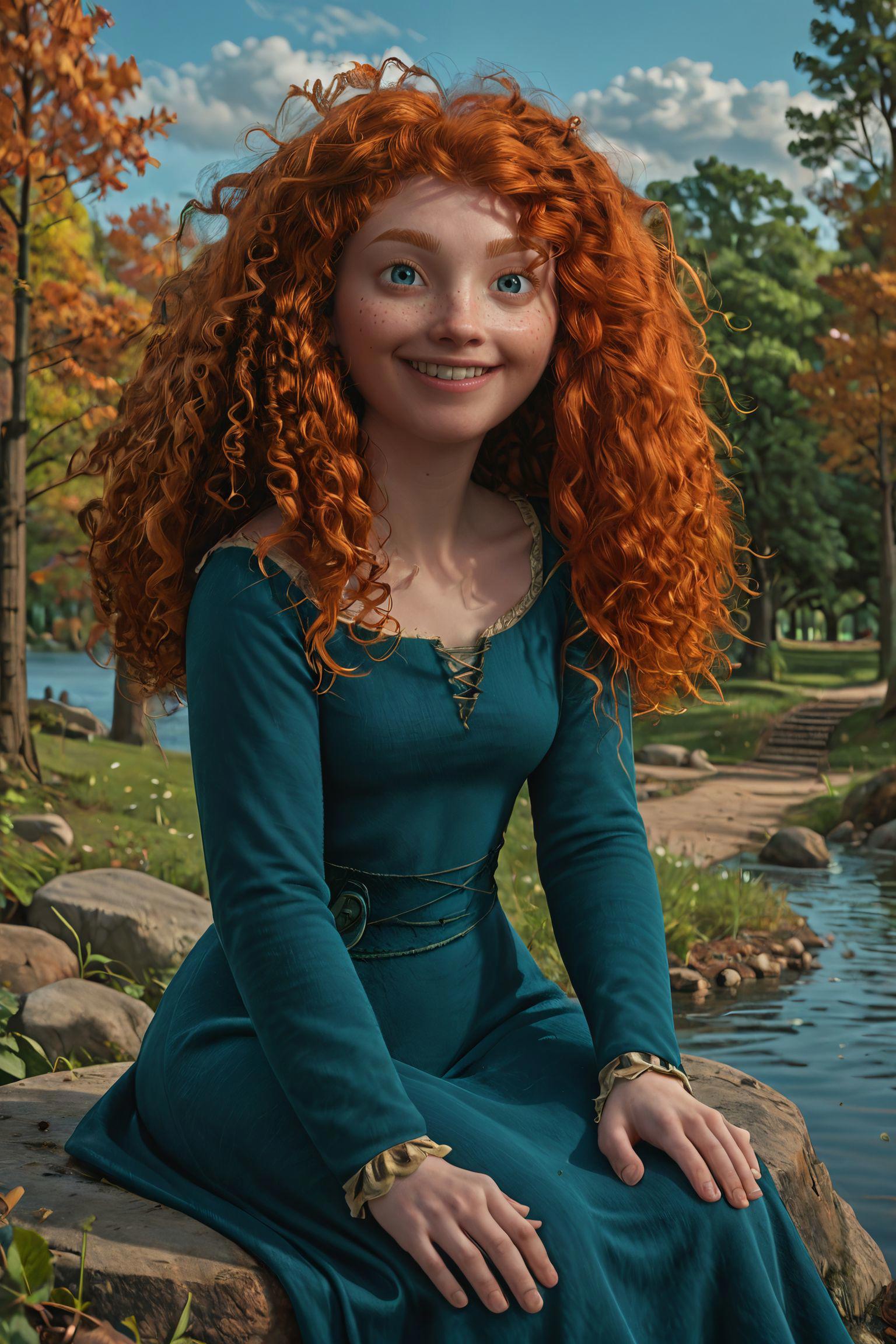 zPDXL3,<lora:meridaXLP:.7>
merida, woman, long orange hair, curly hair, blue eyes, freckles, green dress, long sleeves, looking at viewer, smiling, sitting, on rock, outside, park, trees, autumn, stone path, blue sky, lake,