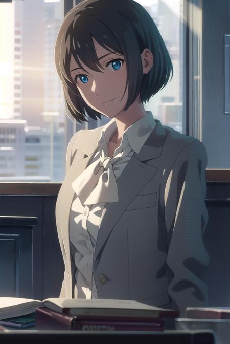 yukariyukino, <lora:yukari yukino movie-lora-nochekaiser:1>,
yukari yukino, short hair, black hair, blue eyes, hair between eyes, smile
BREAK shirt, collared shirt, white shirt, ascot, blazer, peach blazer, skirt, pencil skirt,
BREAK indoors, classroom,
BREAK looking at viewer, (cowboy shot:1.5),
BREAK <lyco:GoodHands-beta2:1>, (masterpiece:1.2), best quality, high resolution, unity 8k wallpaper, (illustration:0.8), (beautiful detailed eyes:1.6), extremely detailed face, perfect lighting, extremely detailed CG, (perfect hands, perfect anatomy),