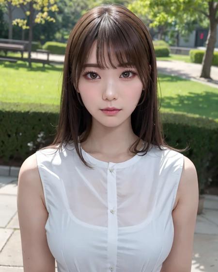 pureerosface_v1, best quality, photorealistic, 8k, high res, full color, 1girl, woman, 20 years old woman, (closed mouth:1.73), (skindentation), (portrait:0.6), trees, park bench, daylight, ((park background:1.52)), full color, ((whitebuttonedshirt:1.58)), looking at viewer:1.8, (1girl eyes looking at viewer:1.55), (medium hair, brownhair, partedbangs:1.45), (bokeh), <lora:AAV-mio:0.69>