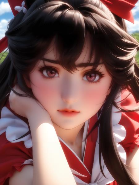 (anime, masterpiece, best quality, highres), (1girl, hakurei reimu, straight hair, upper body, looking at viewer, blush),, (masterpiece,best quality:1.5)