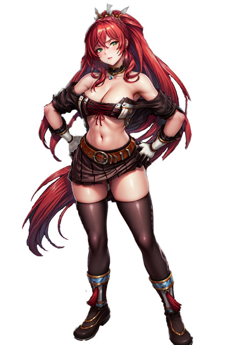 1girl long hair red hair thighhighs boots tube top cleavage gloves green eyes skirt belt