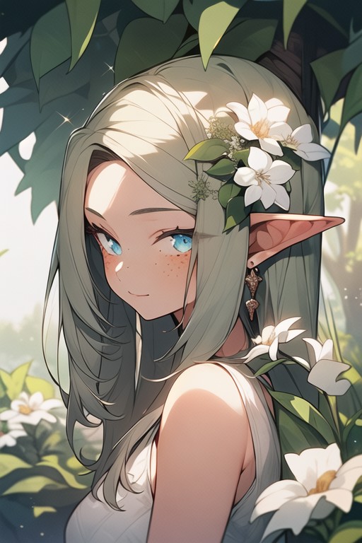 1girl, solo, jewelry, pointy ears, long hair, looking at viewer, ring, earrings, flower, elf, upper body, freckles, breast...