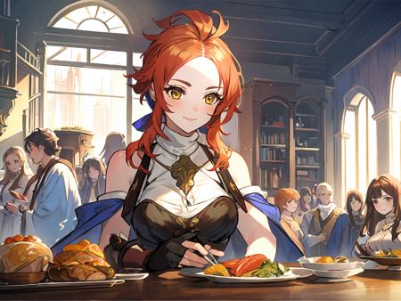 masterpiece,best quality,highres,cinematic lighting,dramatic angle,<lora:ShadowverseMaiser&SelenaV2:0.8>,Selena,1girl focus,orange hair,ahoge,yellow eyes,bare shoulders,gloves,blue robe,white shirt,breast plate,clothing cutout,suspenders,smile,looking at viewer,crowd,long desk,foods,turning head,eating,holding spoon and fork