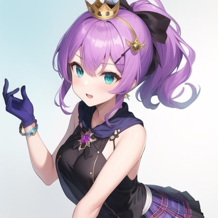 (masterpiece, best quality:1.2),illustration,8k,hd,1girl,solo,purple_hair,hair_ornament,ponytail,hair_ribbon,bangs,green_eyes,mini_crown,hair_between_eyes,blue_eyes,gloves,plaid_skirt,single_glove,white_gloves,jewelry,medium_breasts,bracelet,white_camisole,cross_hair_ornament,purple_skirt,<lora:Javelin:0.8>,