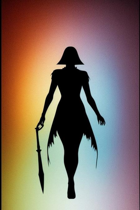 rainbow colored silhoutte outline against a dark background,a female reaper,anime,magical fantasy,universe,inspired by Maria Kreyn,Crystal,inverted,negative space,