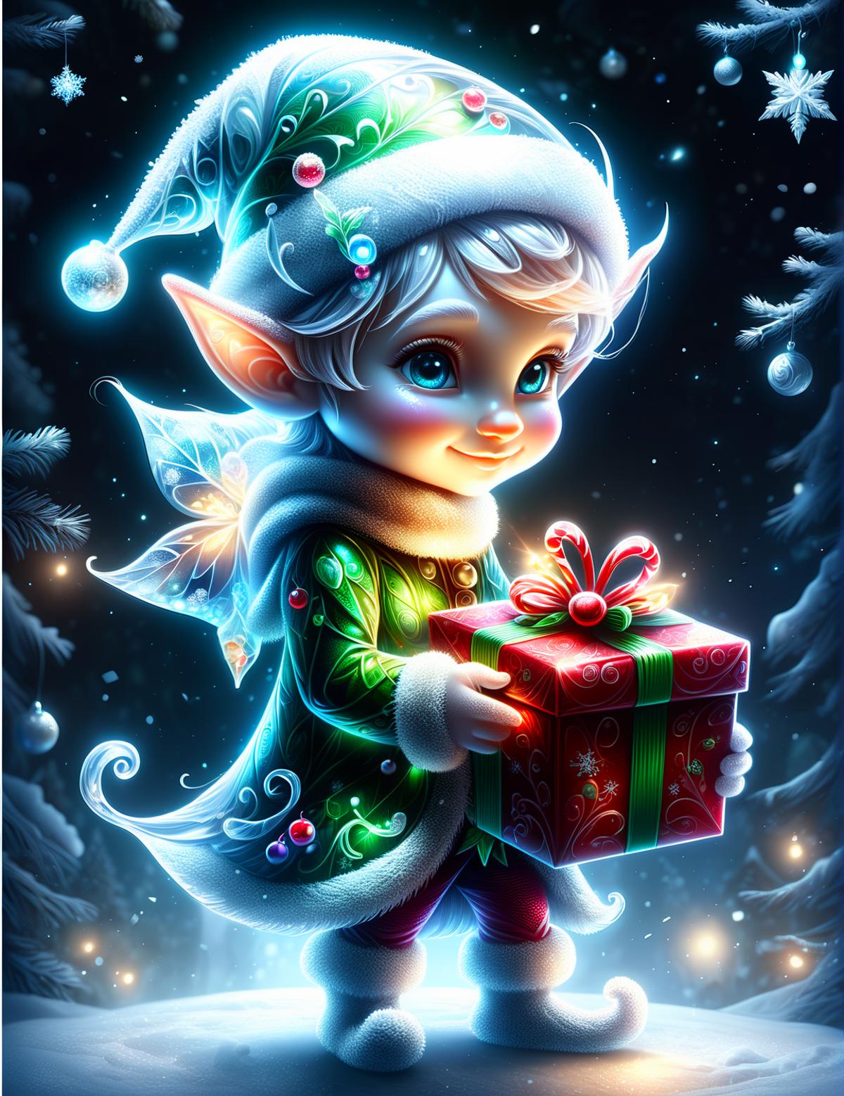A young, elf-like character holds a gift in a Christmas-themed environment.