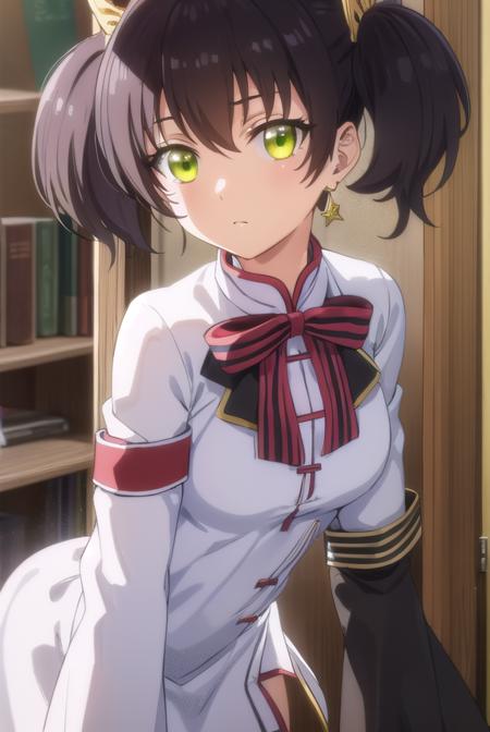 kochouwang, <lora:kochou wang s1-lora-nochekaiser:1>,
kochou wang, short hair, black hair, twintails, (green eyes:1.3),
BREAK thighhighs, long sleeves, dress, bow, ribbon, jewelry, earrings, black thighhighs, sleeves past wrists, chinese clothes, armband, sleeves past fingers,
BREAK indoors, classroom,
BREAK looking at viewer, (cowboy shot:1.5),
BREAK <lyco:GoodHands-beta2:1>, (masterpiece:1.2), best quality, high resolution, unity 8k wallpaper, (illustration:0.8), (beautiful detailed eyes:1.6), extremely detailed face, perfect lighting, extremely detailed CG, (perfect hands, perfect anatomy),