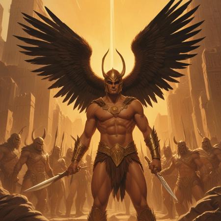 Flash Gordon-inspired, medium shot. Group of Hawkman warriors, in a majestic pose, stand ready for battle in an ancient Mesopotamian city. Close-up. Inspired by Alex Raymond's dynamic drawing style. Bronze armor glows with soft light, contrasted by deep shadows. Elegant feathers and talons adorn the Hawkman warriors, as sunlight filters through the city's dusty atmosphere. Soft, warm golden light bathes the scene. keywords: pulp illustration, retro-futurism, ancient Mesopotamia, Inanna goddess, Alex Raymond, Flash Gordon, heroic fantasy, vibrant colors, high contrast, cinematic lighting, detailed textures, elegant linework.