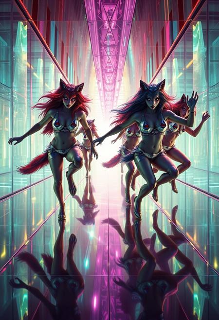 A pack of disco dancing anthropmorphic wolf women parkouring in zero gravity endless maze made of crystal glass and mirrors, shiny reflections and vaporwave lighting