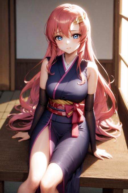 masterpiece, best quality, highres, 1girl lacus clyne blue eyes pink hair, straight hair, <lora:lacus_clyne:1> japanese clothes black kimono detached sleeves, sitting on chair