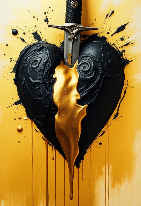 A hyper-stylistic, extremely detailed image depicts a breathtaking scene, crafted from a combination of smeared black and gold metallic paint. A black heart, symbolizing love and passion, is pierced by a dagger, its blade gleaming with a sharp, metallic sheen. The heart itself is a deep, rich black, with subtle, nuanced textures that give it a sense of depth and dimensionality. From the pierce, a golden liquid flows, as if the heart's very lifeblood is being drained away. The gold paint is applied in delicate, intricate strokes, creating a sense of movement and energy that contrasts beautifully with the static, metallic quality of the black paint. The overall effect is one of breathtaking, surreal beauty, as if the viewer has stumbled upon a hidden world of symbolism and metaphor. Every detail of the image is meticulously crafted, from the delicate, swirling patterns of the gold paint to the intricate, textured patterns of the black paint. highest-Quality, intricate details, visually stunning, Masterpiece