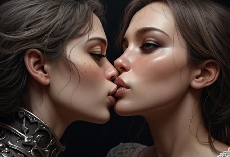 best quality, detailed realistic photo, realistic, hyperrealistic, 
shadowheart, karlach, kissing