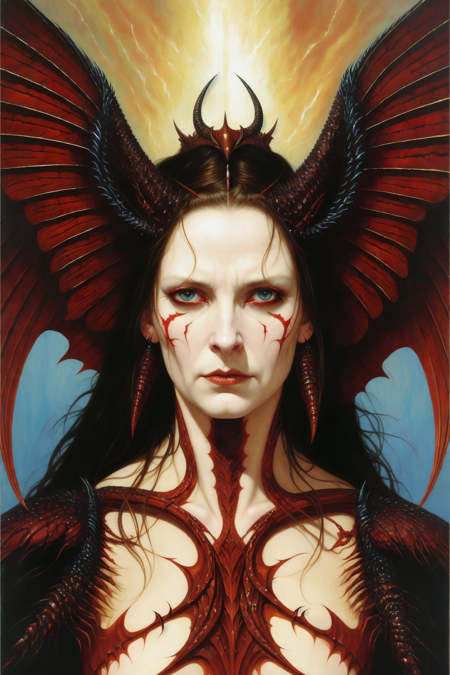 face portrait of 1  demon queen, solo, upper body,  angry, long hair, pale skin, deep v dress,  wings,  scales, black rough texture horns, glowing eyes, 
gothic,  fantasy,  abstract, muted color
burning background, red tone , from below
 ( oil painting by gerald brom )