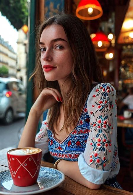 portrait, close up, cute face, side view, beautiful,8K RAW photograph, side view , 1girl, head turned to look at viewer, smile, smiling, 
21 years old, (face focus, eye focus), petite model Bombshell, freckles, big lustful dark eyes, looking at viewer, petite slender body, narrow waist, detailed skin, small pointy breasts, cute ass, hippy vibes, hipster, cute, sexy, detailed face, beautiful, provocative, embroidered shirt with red an blue patterns, micro skirt, sitting at a table in an old cafe in Paris, cup of coffee, side view, thin triangular face, small nose, looking playful at viewer, cleavage, large thick nipples,Cinematic composition,petite body, small breasts, beautiful legs, realistic soft skin, looking at viewer, Cinematic, contrast, high contrast, (very detailed eyes,detailed lips,detailed face,cute,pretty, blush), perfect hands and fingers, detailed fingers